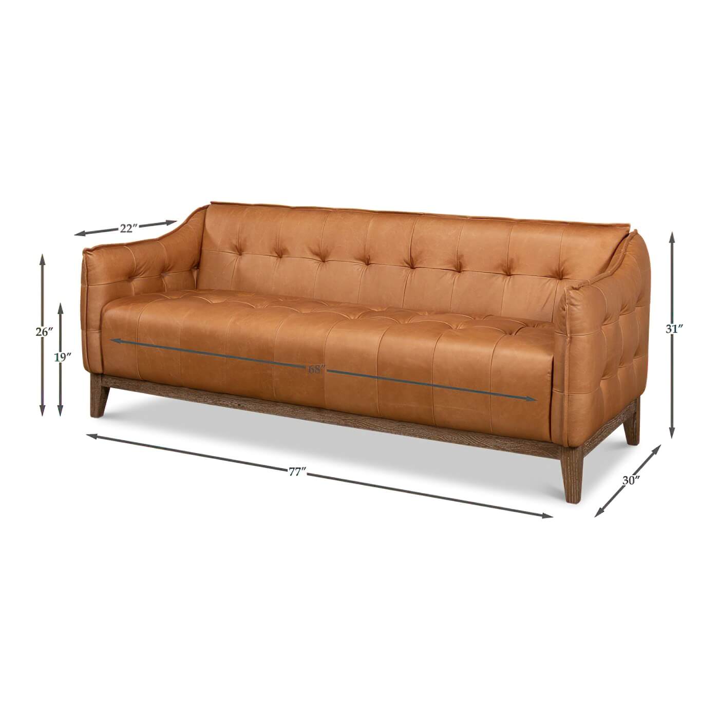 Mid-century leather sofa with dimensions illustration.