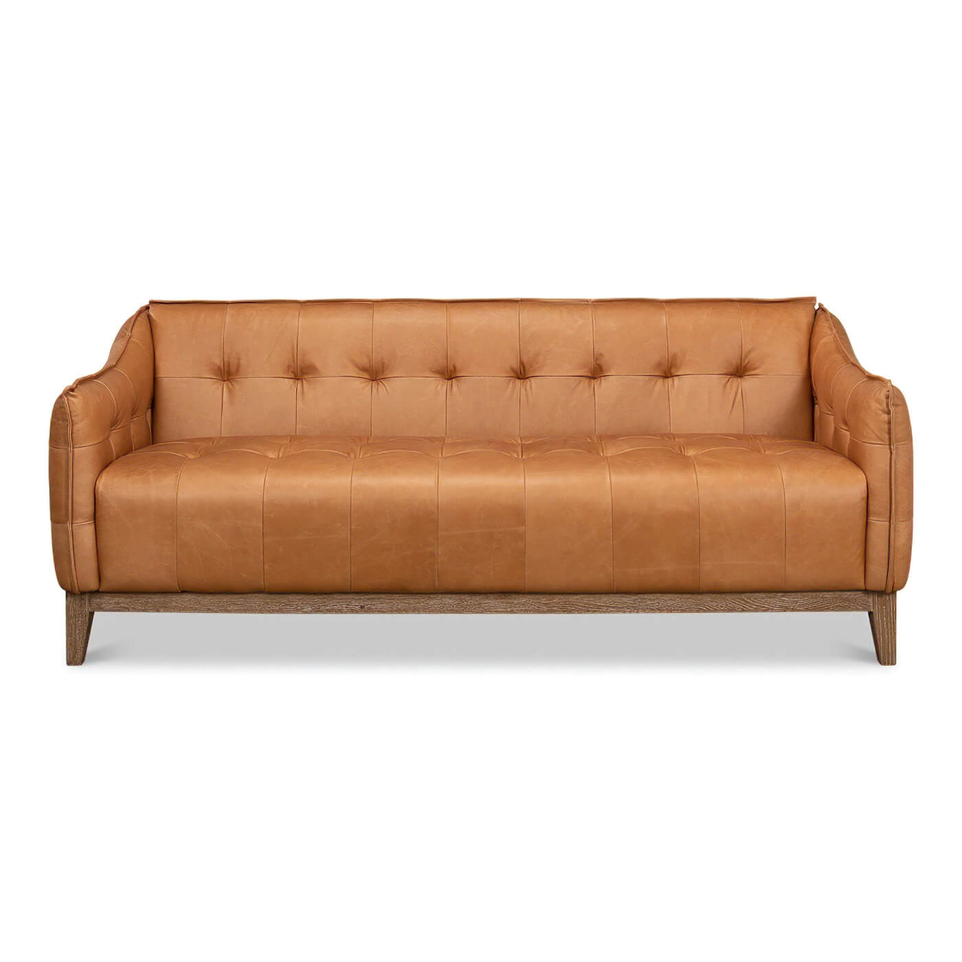 Front view of mid-century leather sofa.