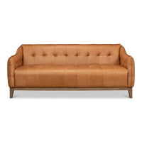 Front view of mid-century leather sofa.