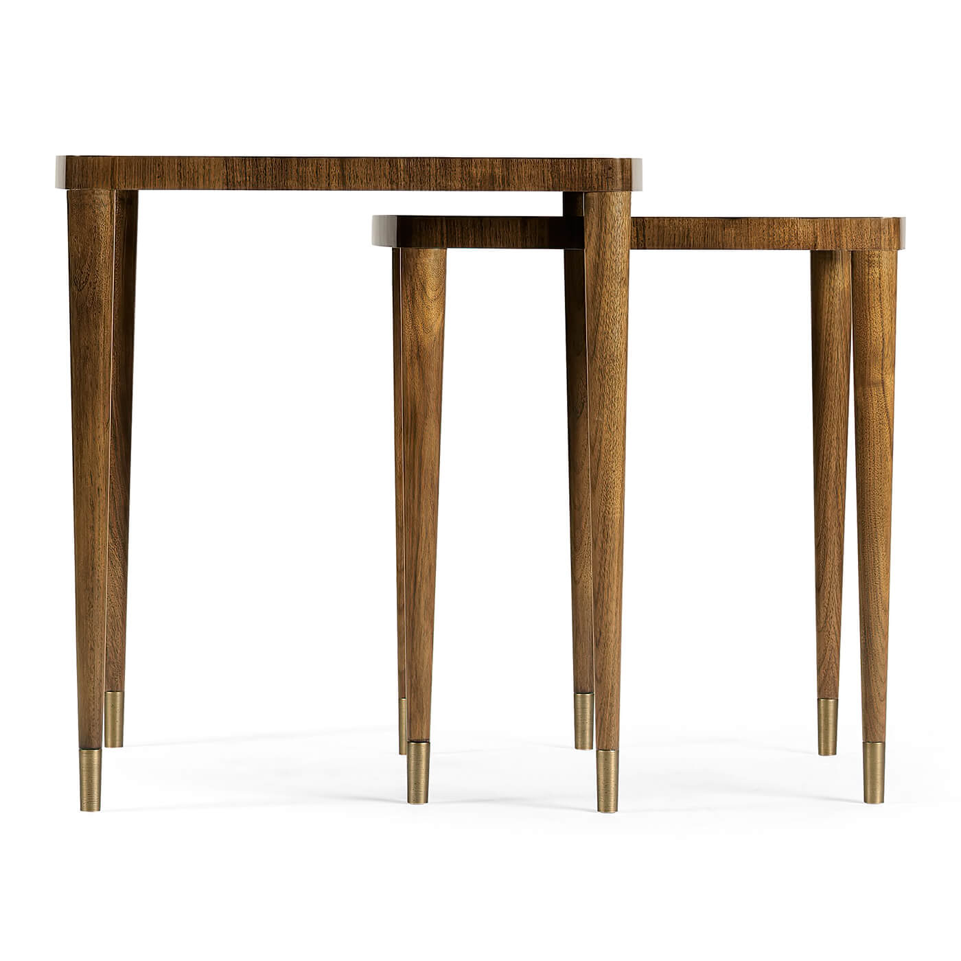 Profile view of wooden nesting tables, tapered legs.