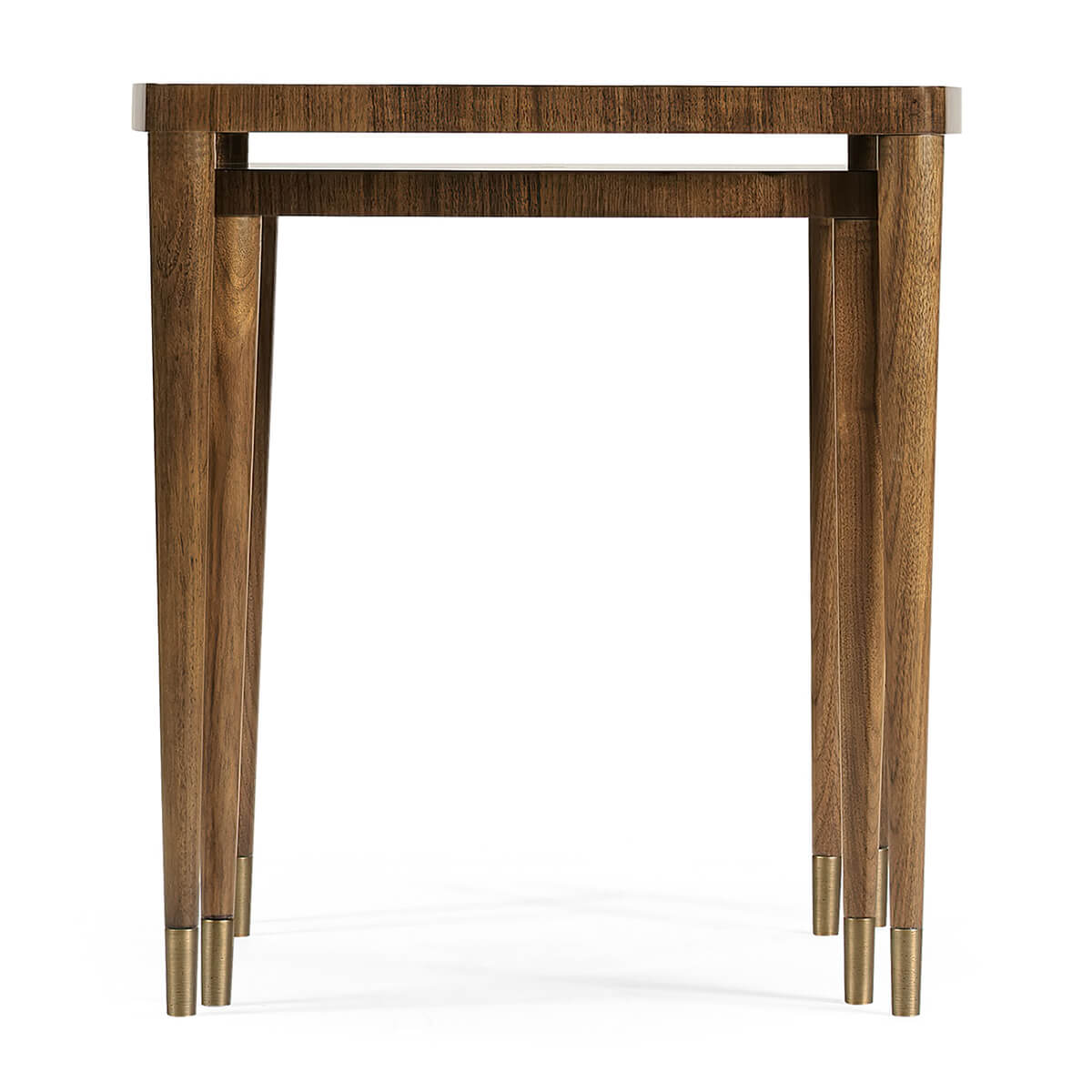 Wooden nesting tables stacked, front-facing view.