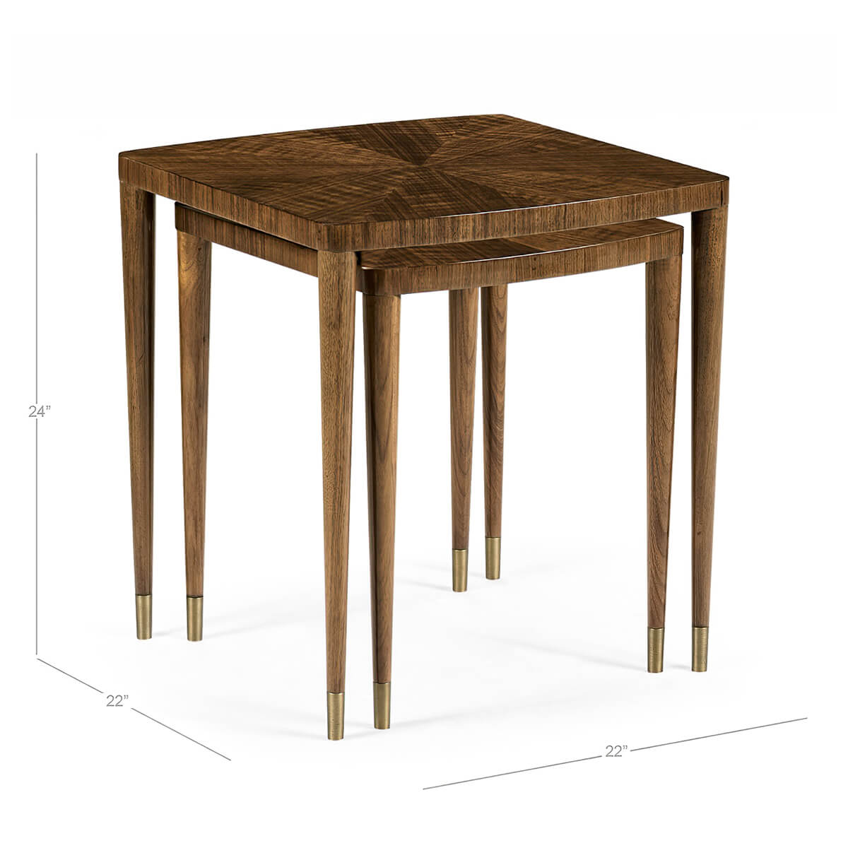 Wooden nesting tables with dimensions, stylish and practical.