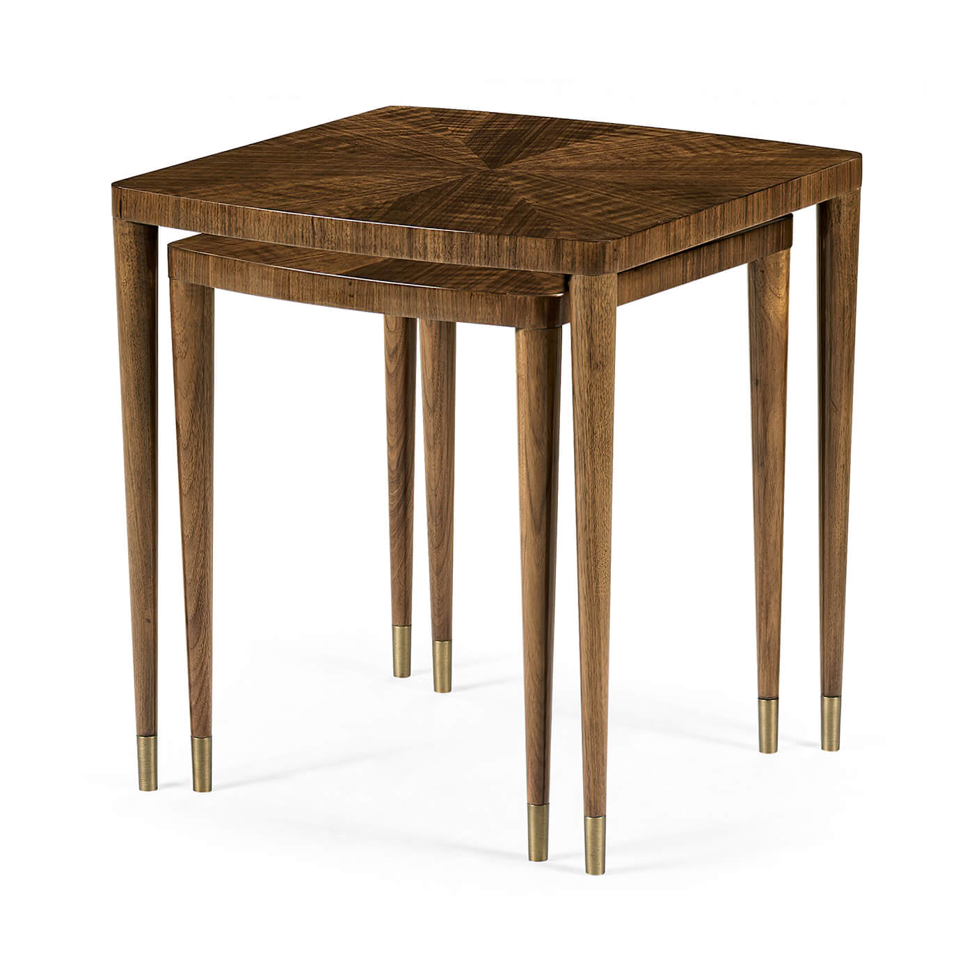 Wooden nesting tables stacked, top view, mid-century design.