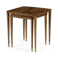 Wooden nesting tables stacked, top view, mid-century design.