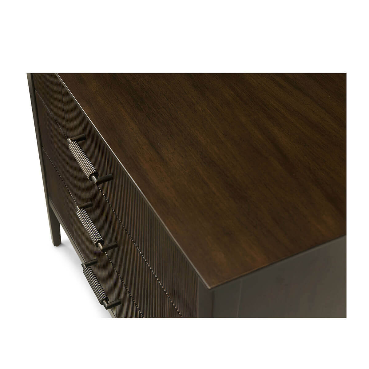 Close-up of nightstand top and drawer handles.
