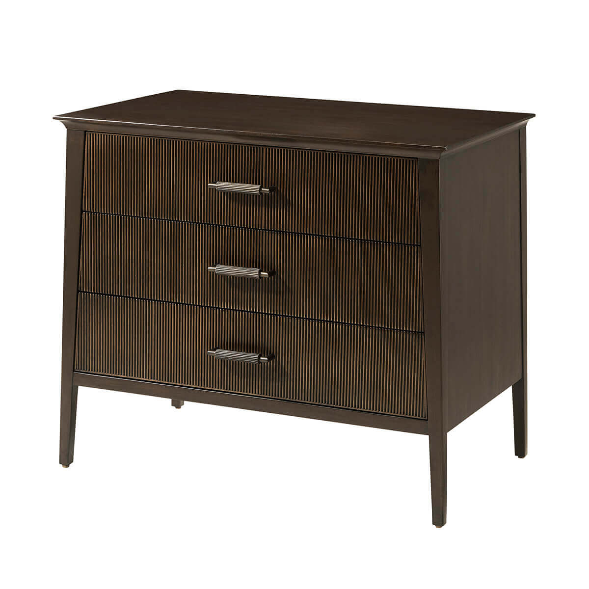 Dark wood nightstand with three closed drawers.
