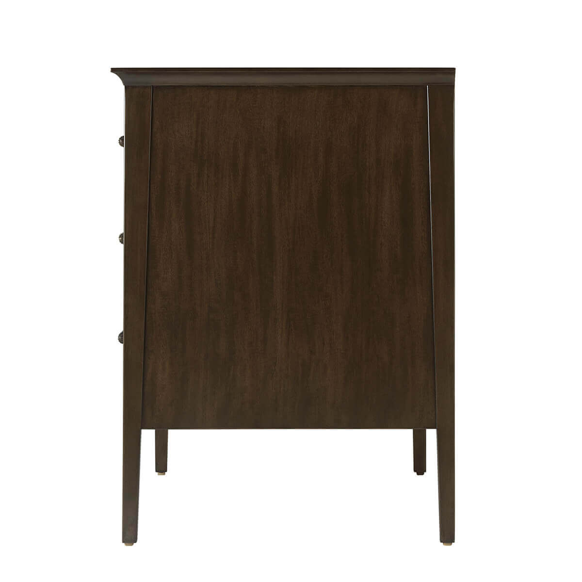 Side profile of dark wood nightstand showing legs.