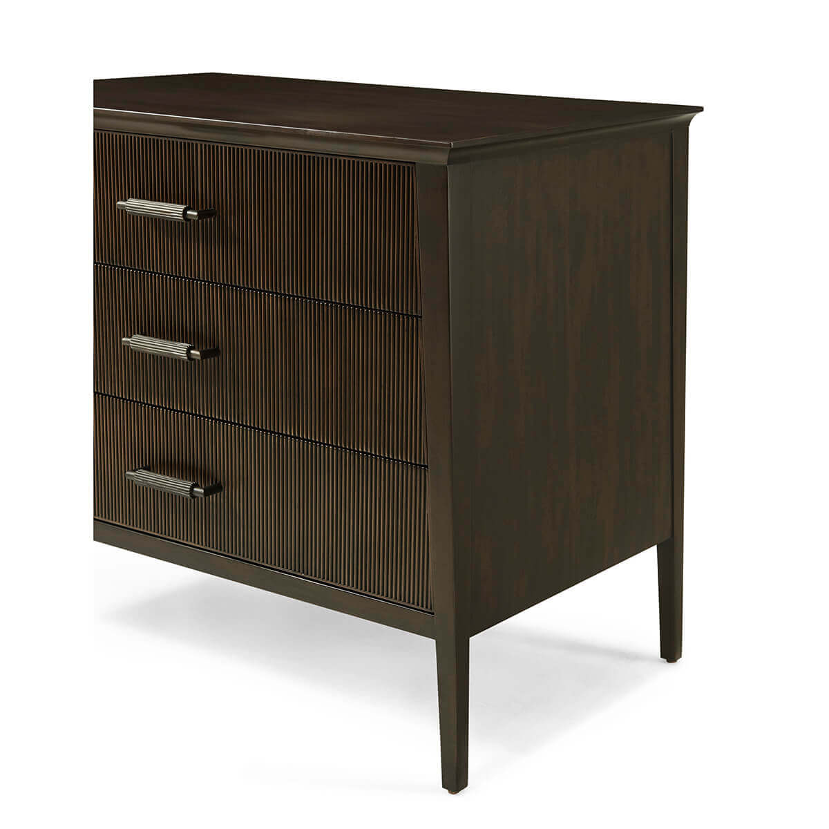 Angled view of mid century style dark wood nightstand.
