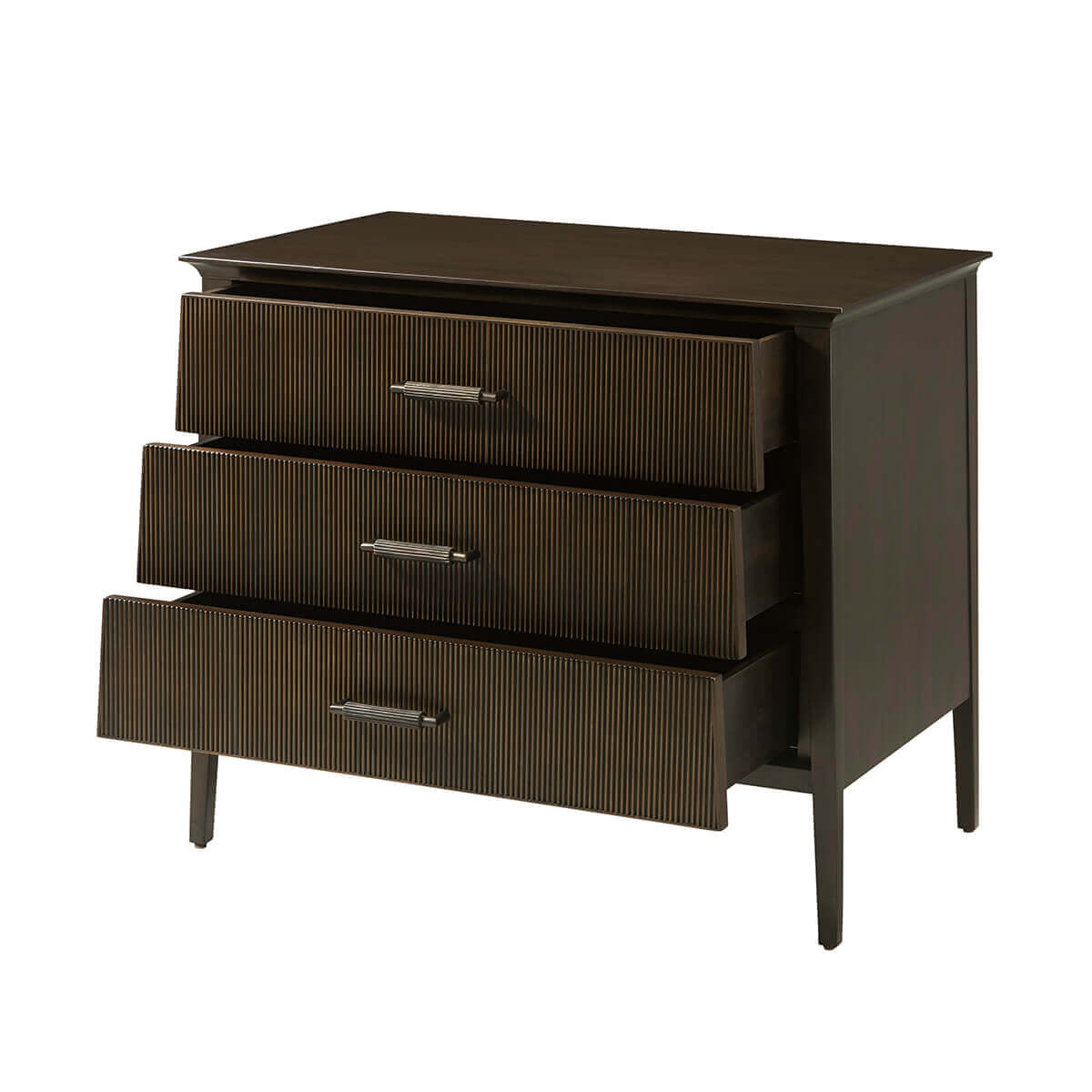 Dark wood nightstand with open drawers displaying handles.