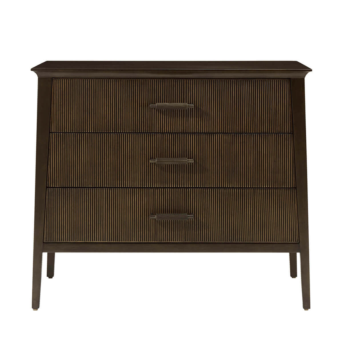 Frontal view of dark wood mid century nightstand.