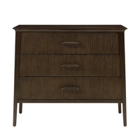 Frontal view of dark wood mid century nightstand.
