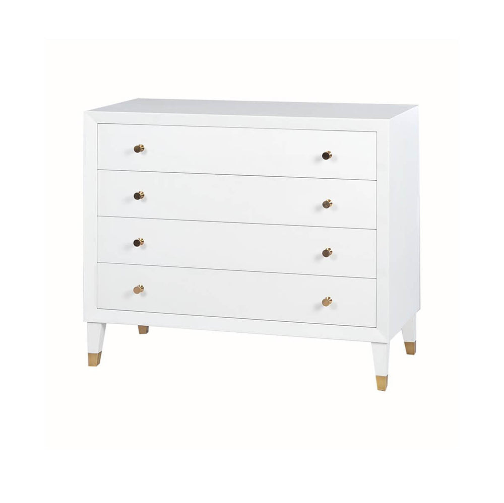 White mid-century style dresser with closed drawers.