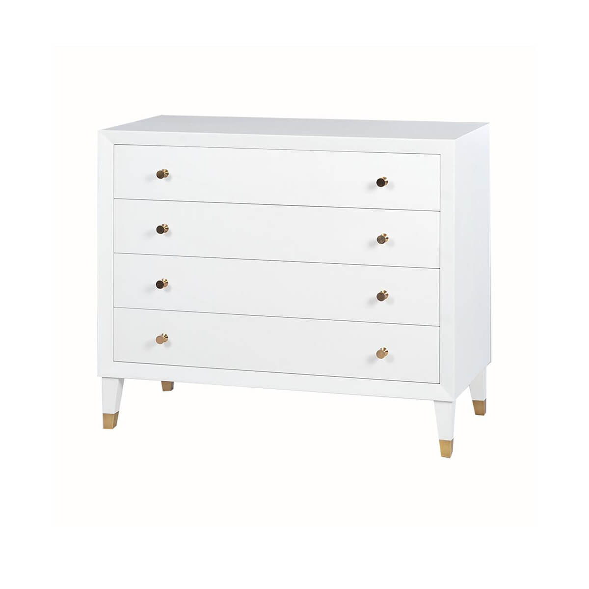 White mid-century style dresser with closed drawers.