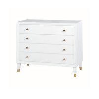 White mid-century style dresser with closed drawers.