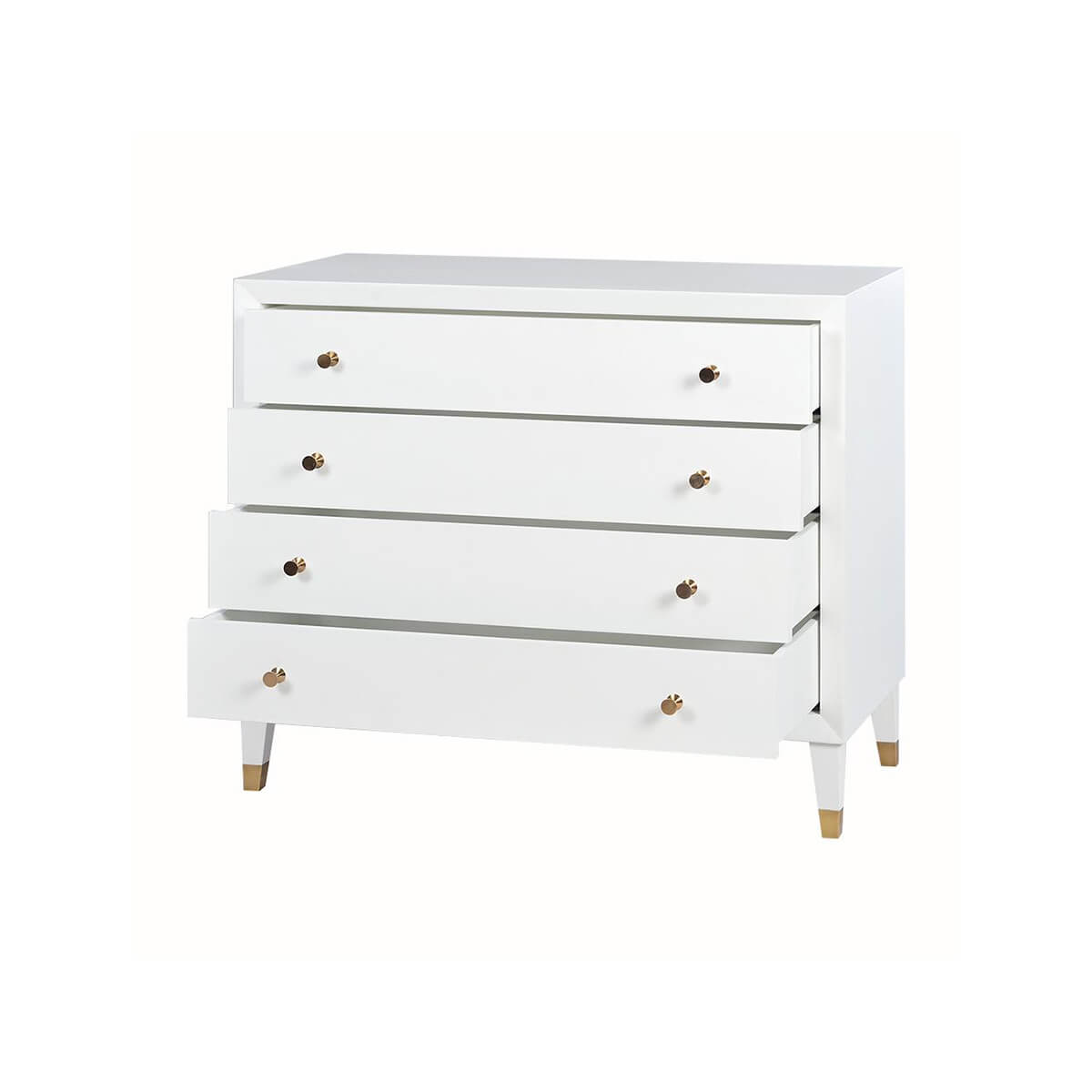 White mid-century style dresser with drawers partially open.