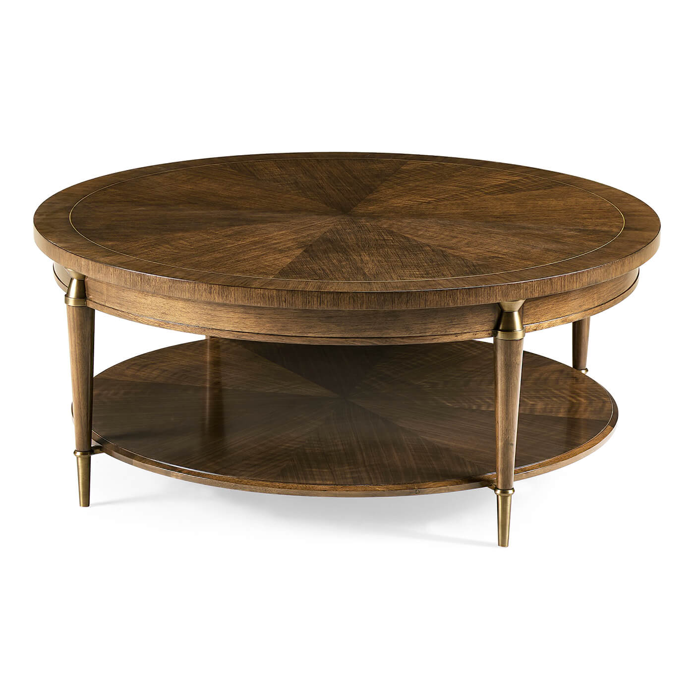 Round wooden coffee table with two tiers.