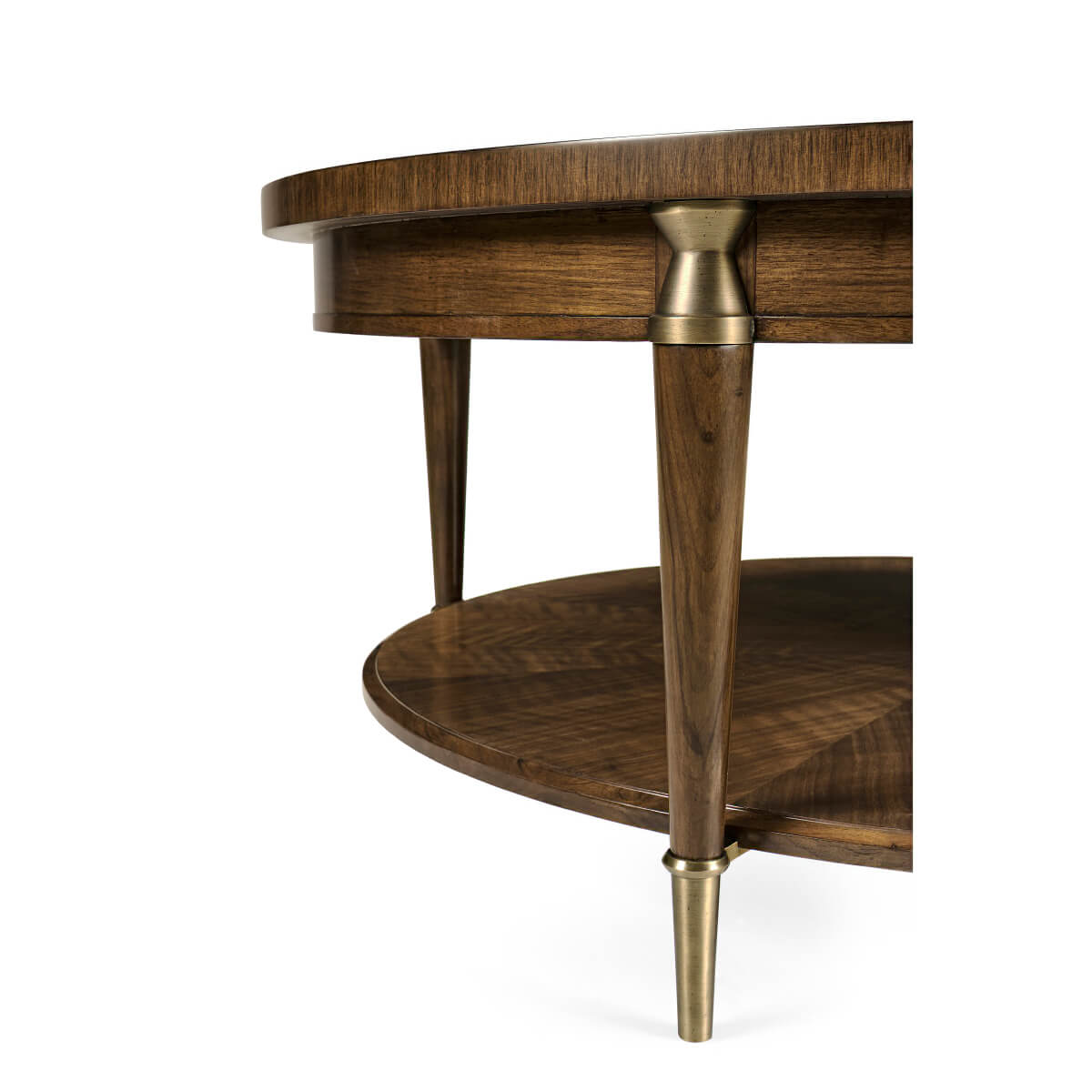 Lower shelf detail of round coffee table.