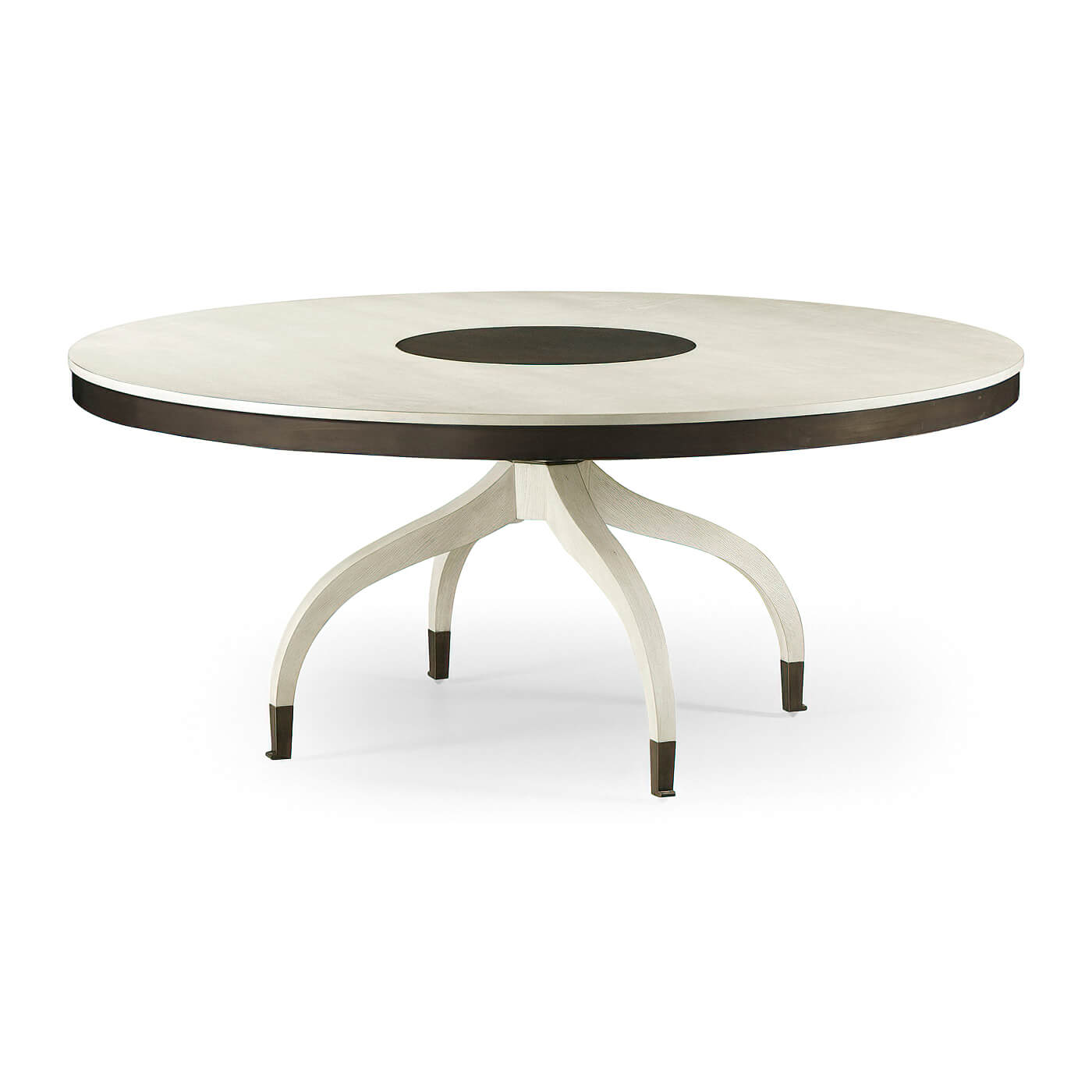 Mid-century round dining table, angled view.