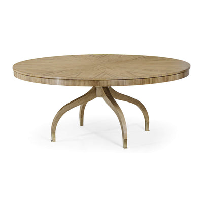 Round dining table with curved legs, side angle view.
