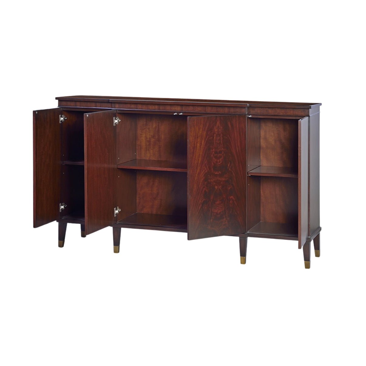 Sideboard open doors, shelving inside, mid-century style.