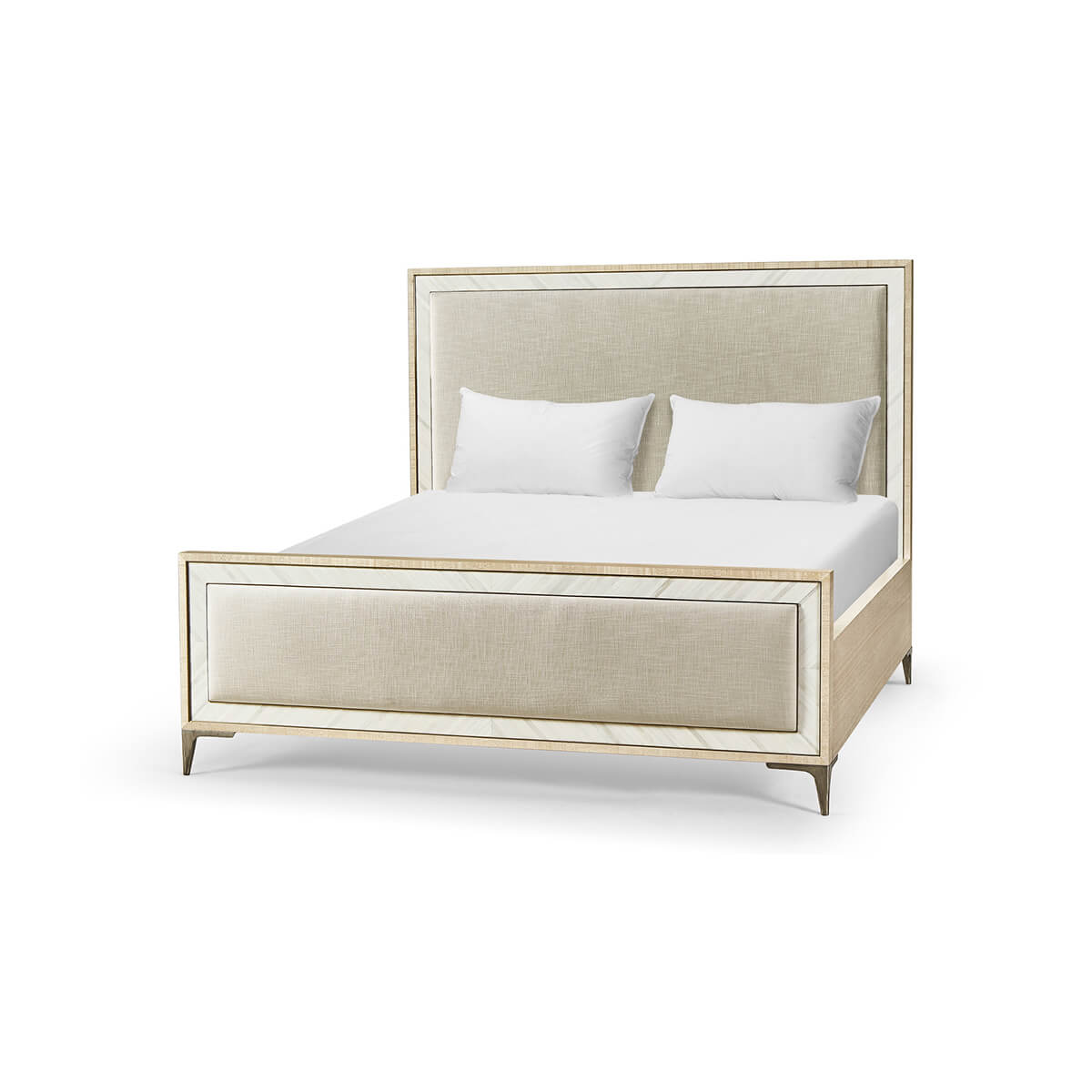 Mid century king bed with pillows, angled view.