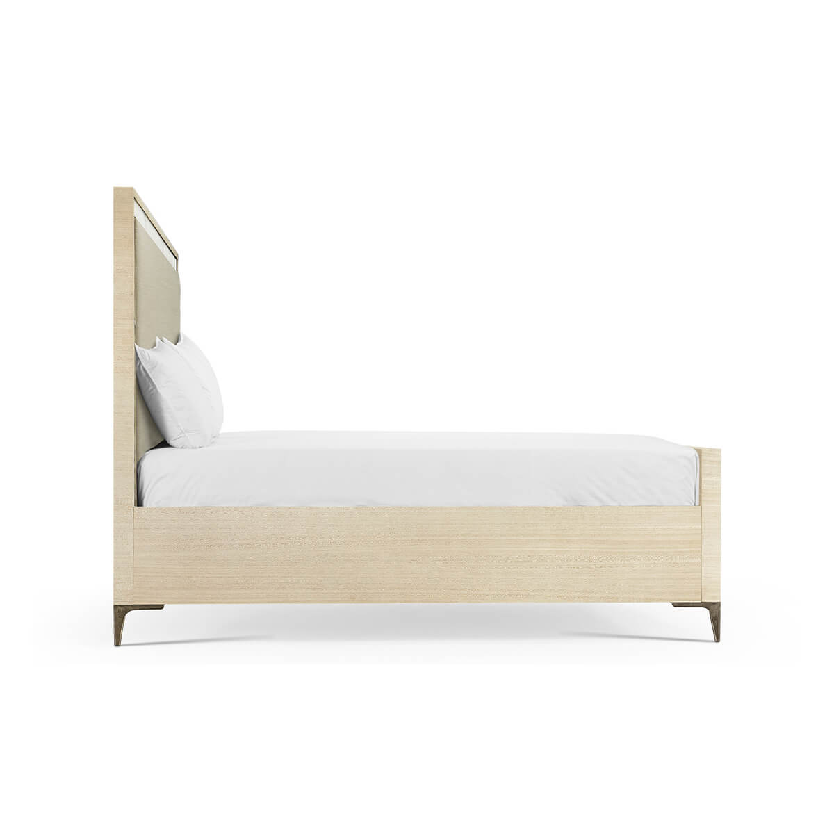 Side profile of mid century king size bed.