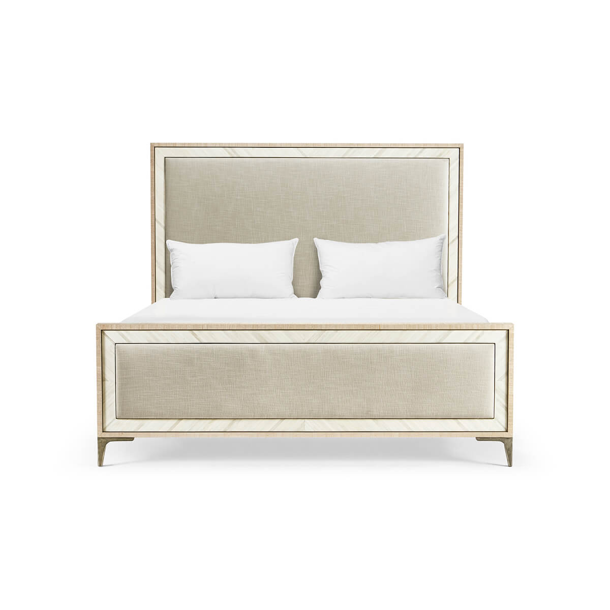 Mid century king bed, front view with white linens.