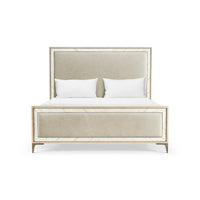 Mid century king bed, front view with white linens.