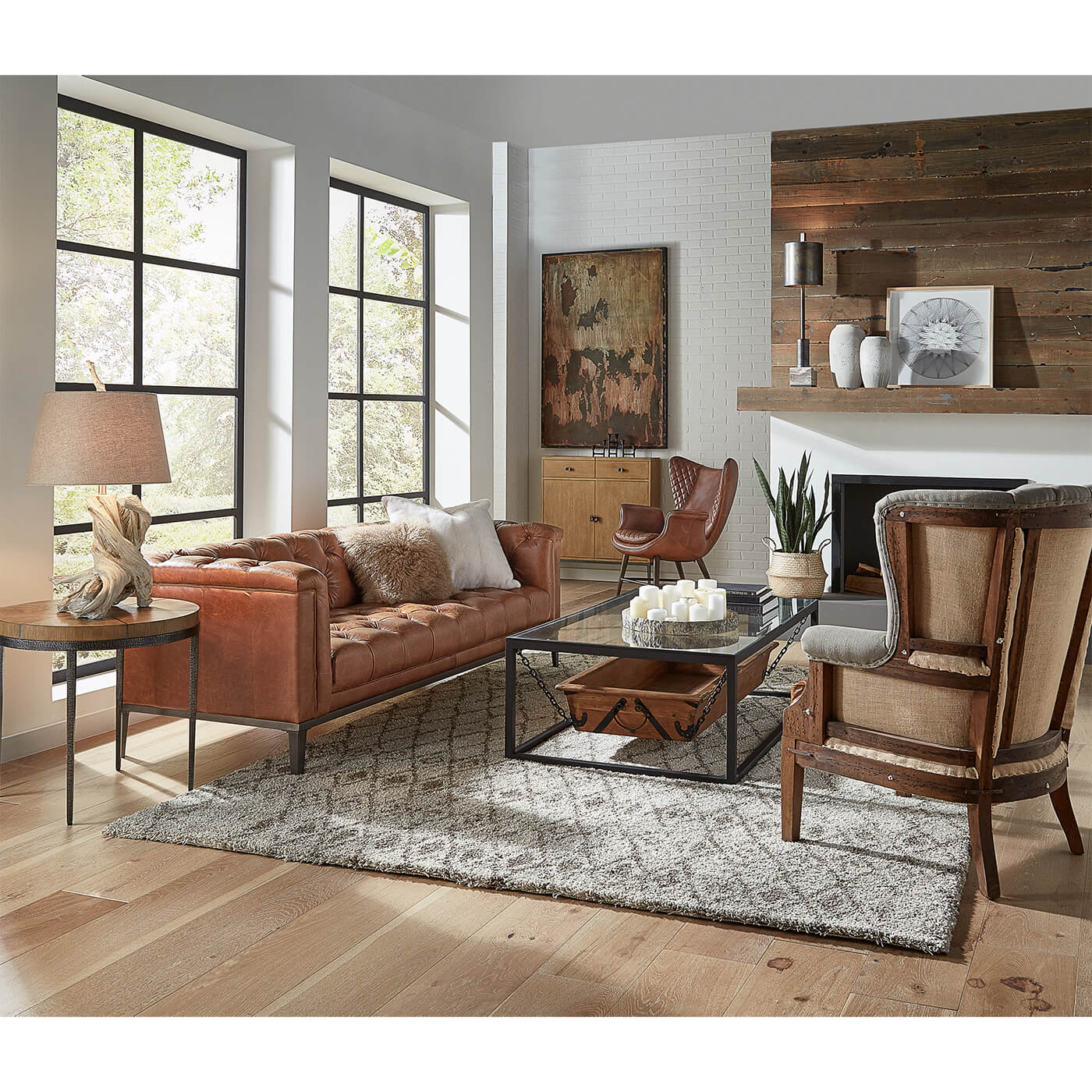 Mid-century tufted sofa in modern living room setting.