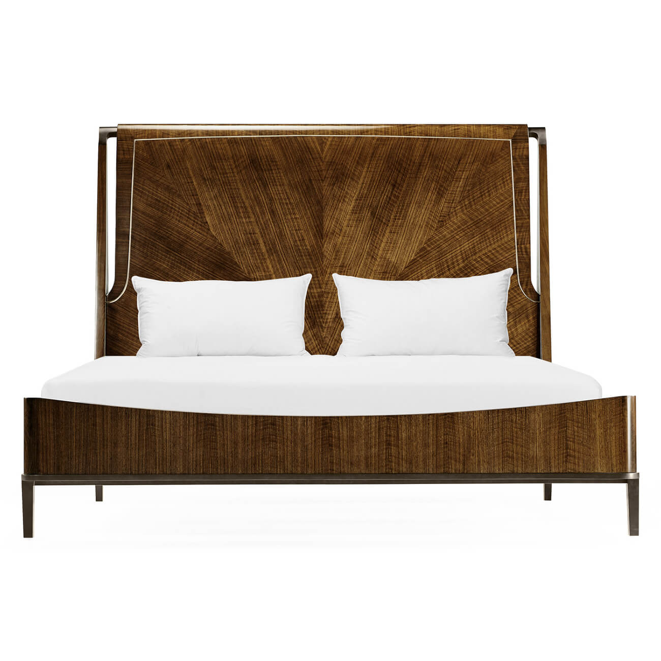 Front view of mid-century walnut frame bed with pillows.