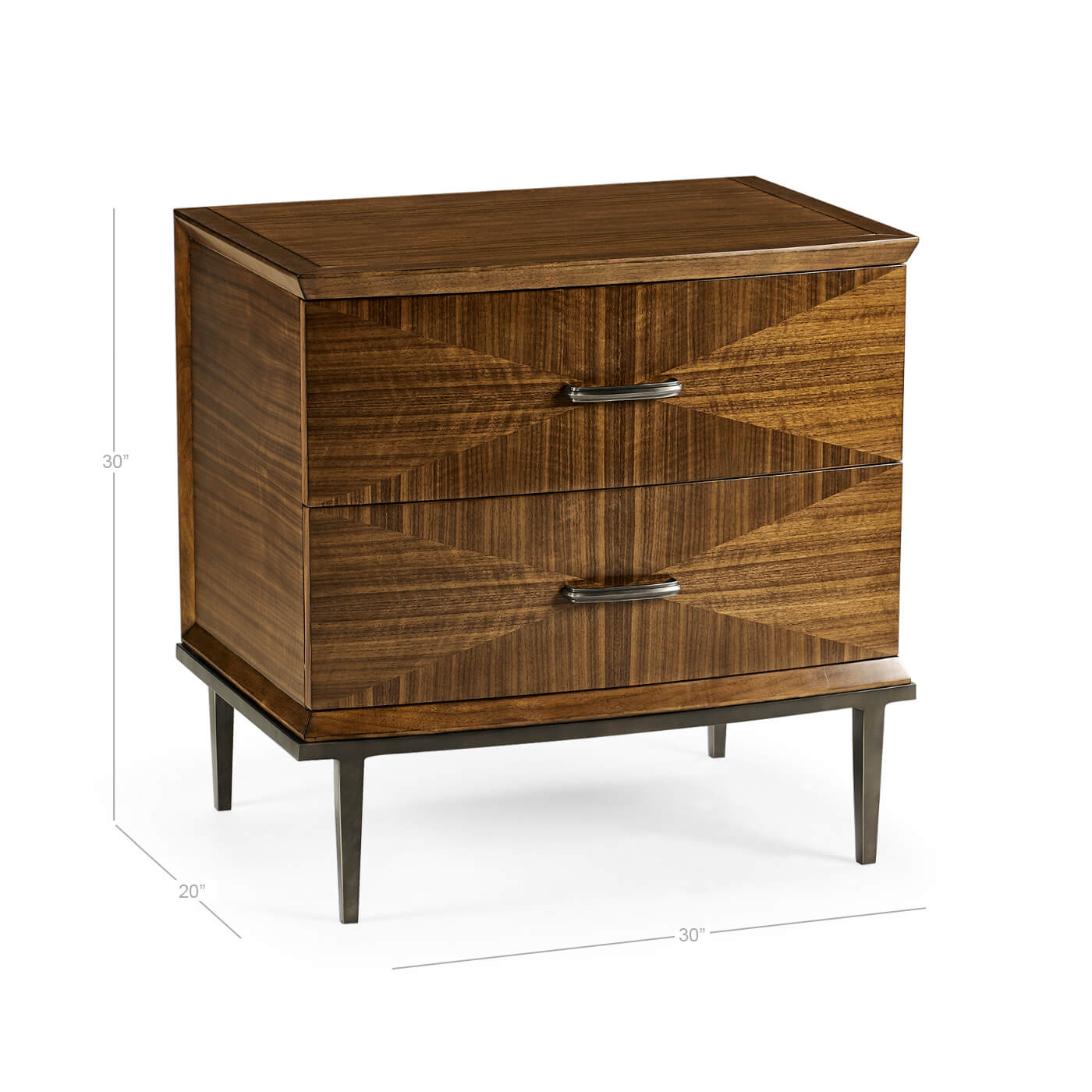 Dimensions of mid century walnut nightstand, side view.