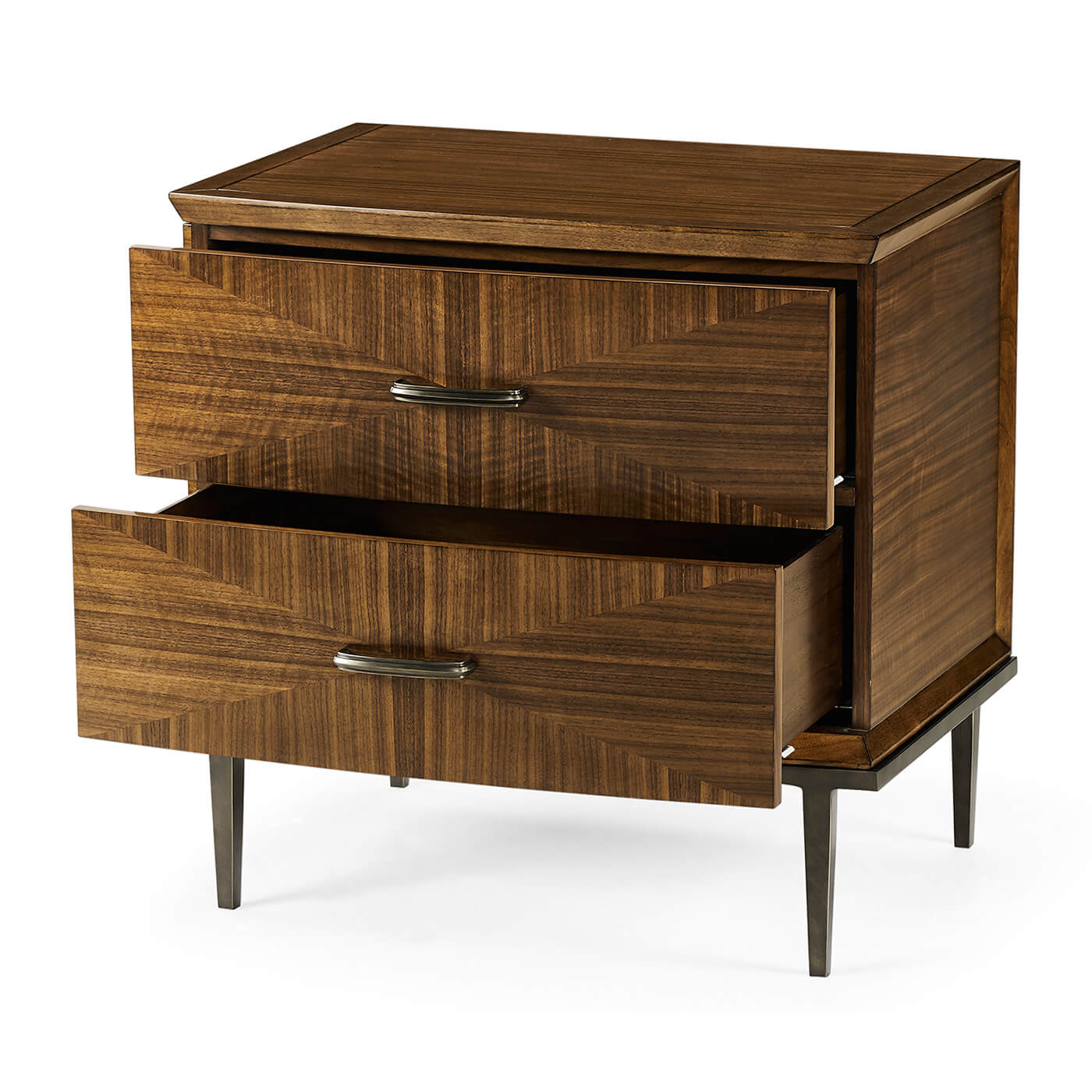 Open drawers of walnut nightstand, mid century design.