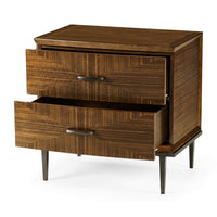 Open drawers of walnut nightstand, mid century design.
