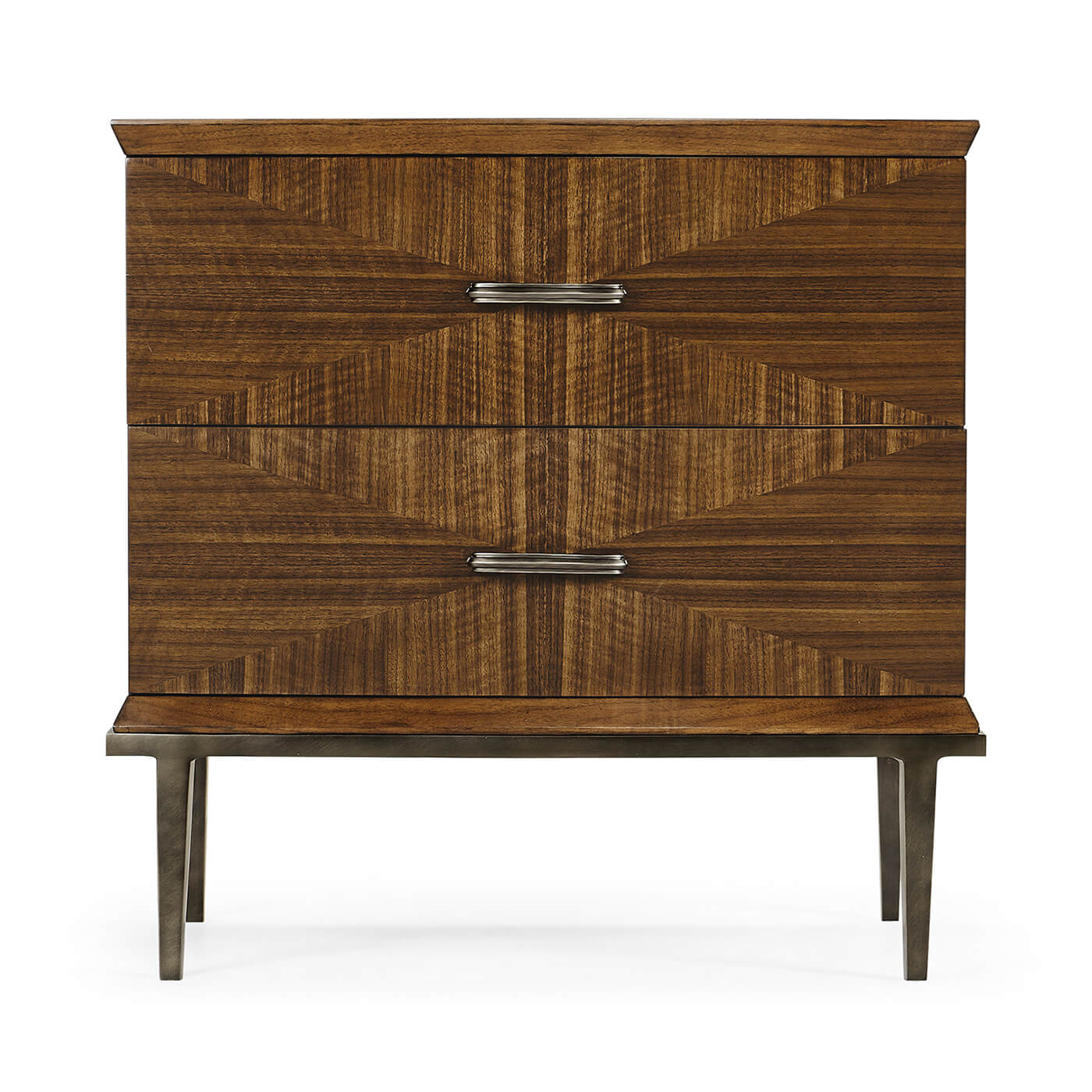 Front view of walnut nightstand, mid century style.
