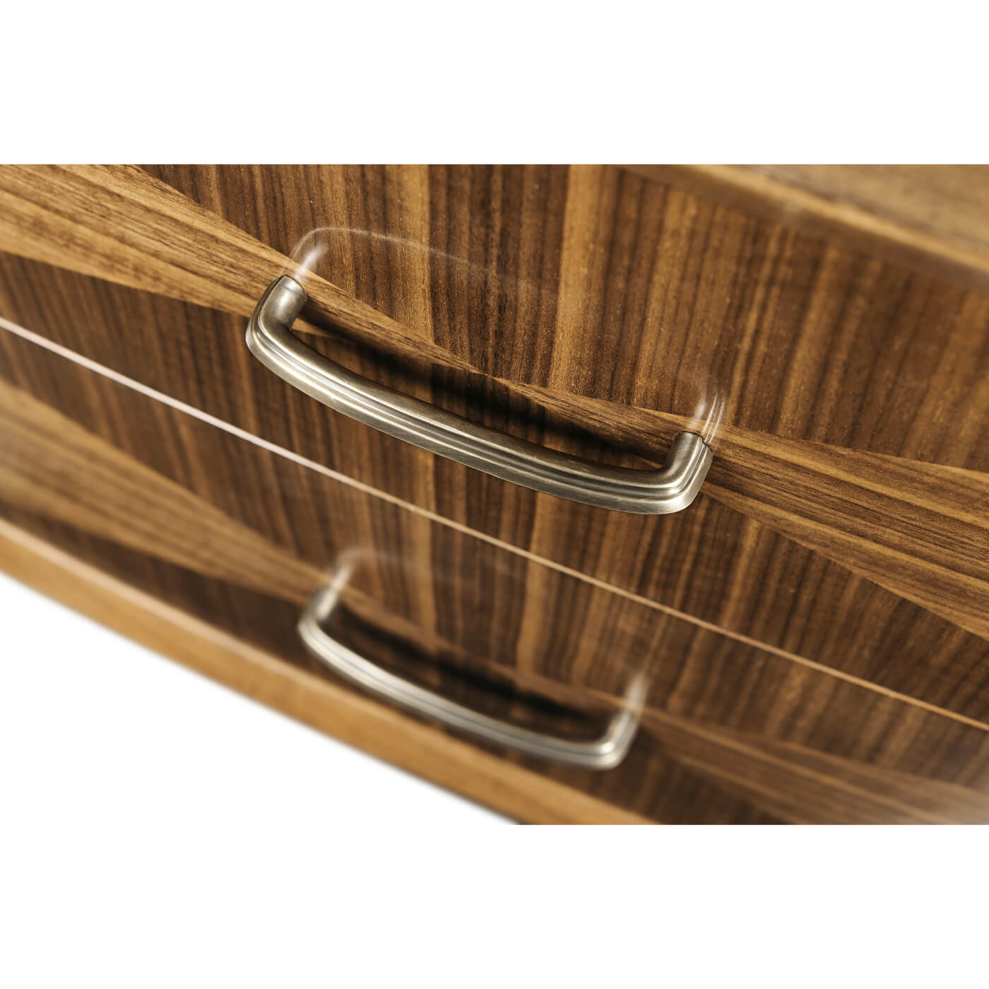 Top drawer detail on walnut nightstand, mid century.