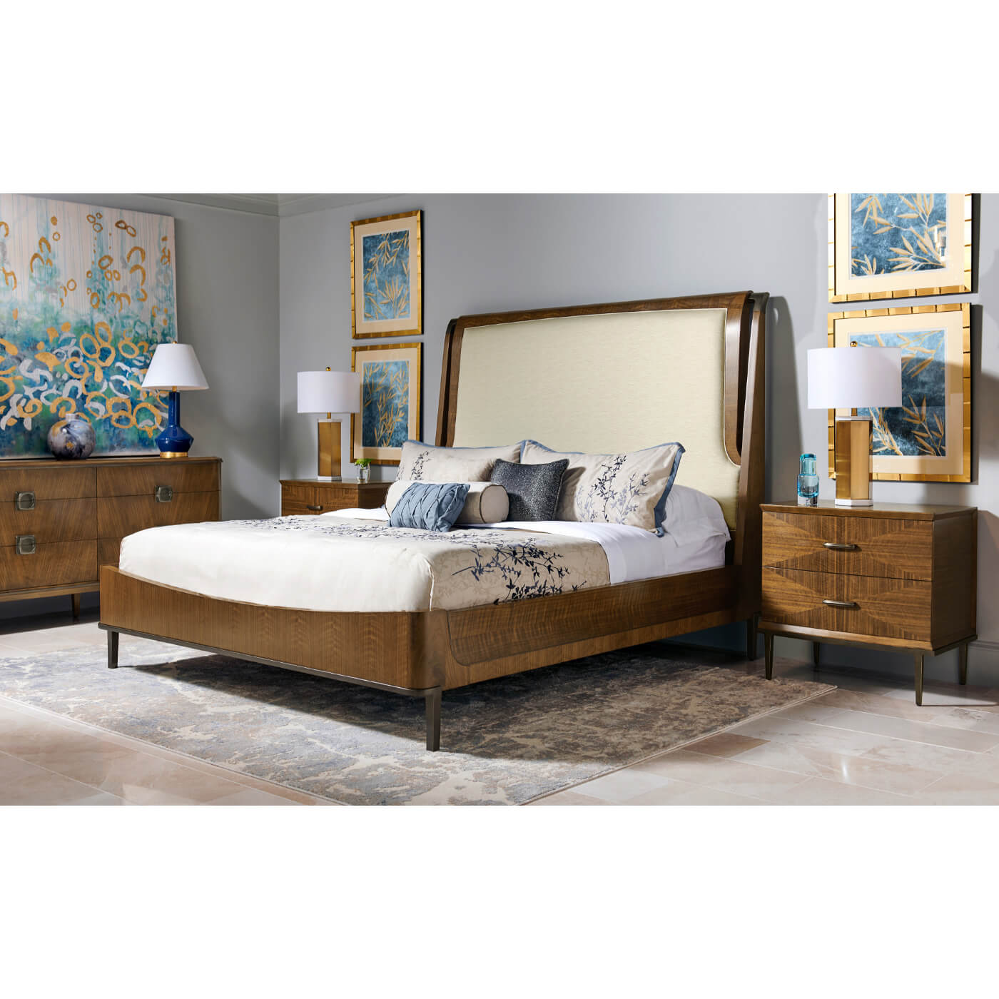 Bedroom setup featuring walnut nightstand, mid century design.