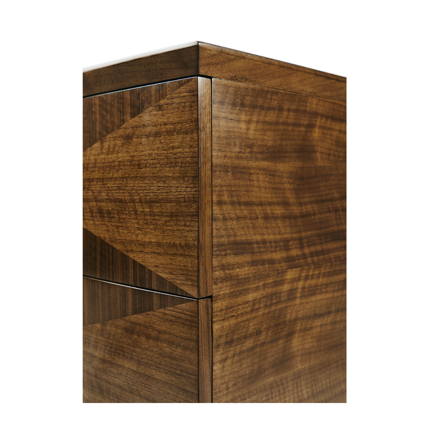 Corner detail of walnut nightstand, mid century style.