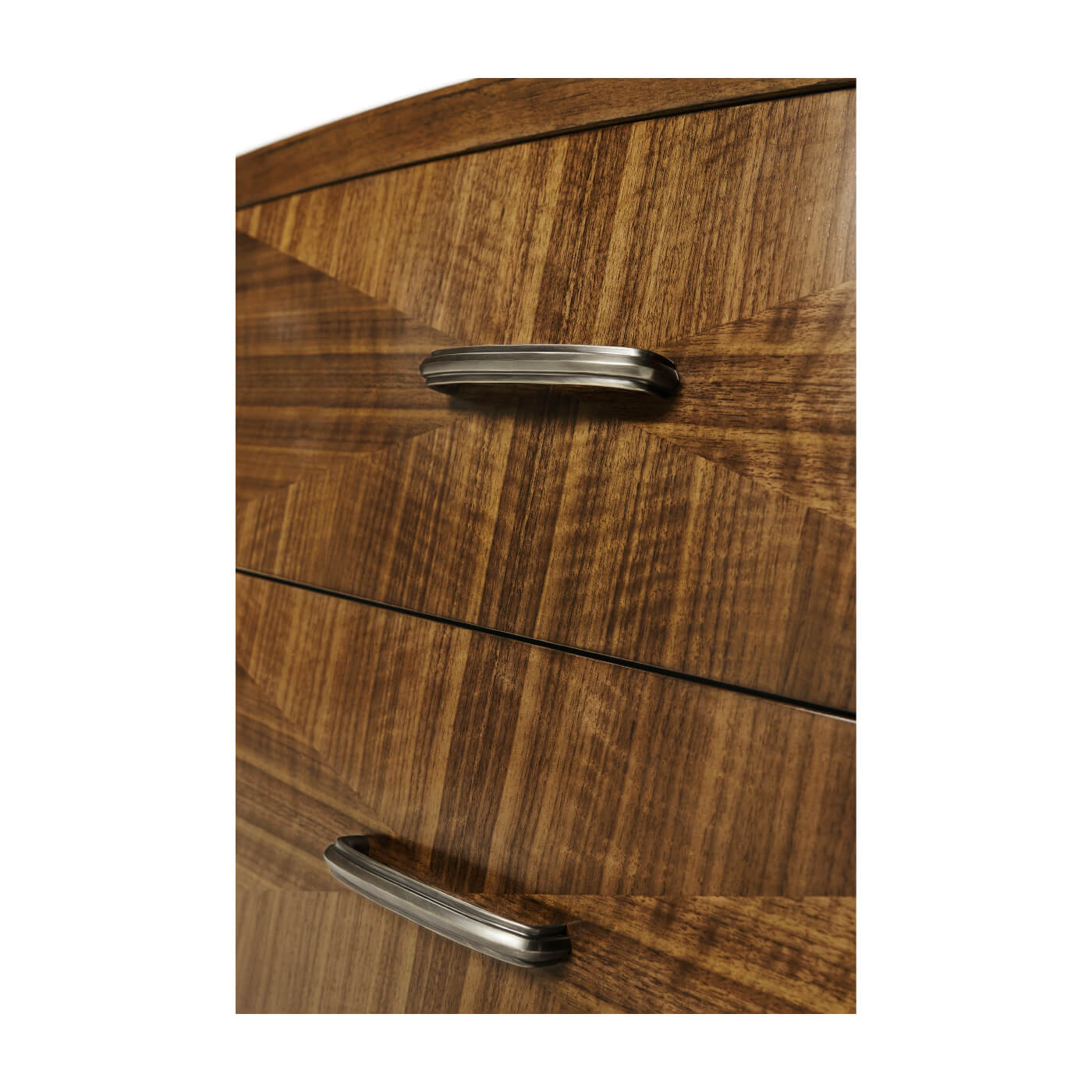 Handle detail on walnut nightstand, mid century style.