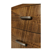 Handle detail on walnut nightstand, mid century style.