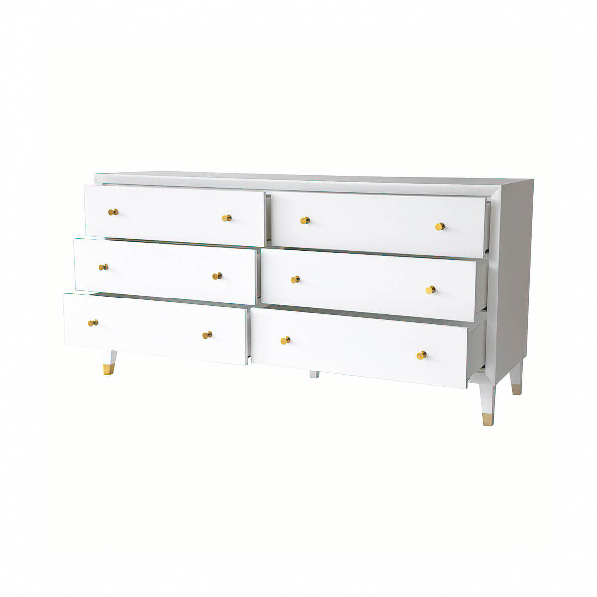 White dresser; six open drawers, gold knobs, mid-century design.