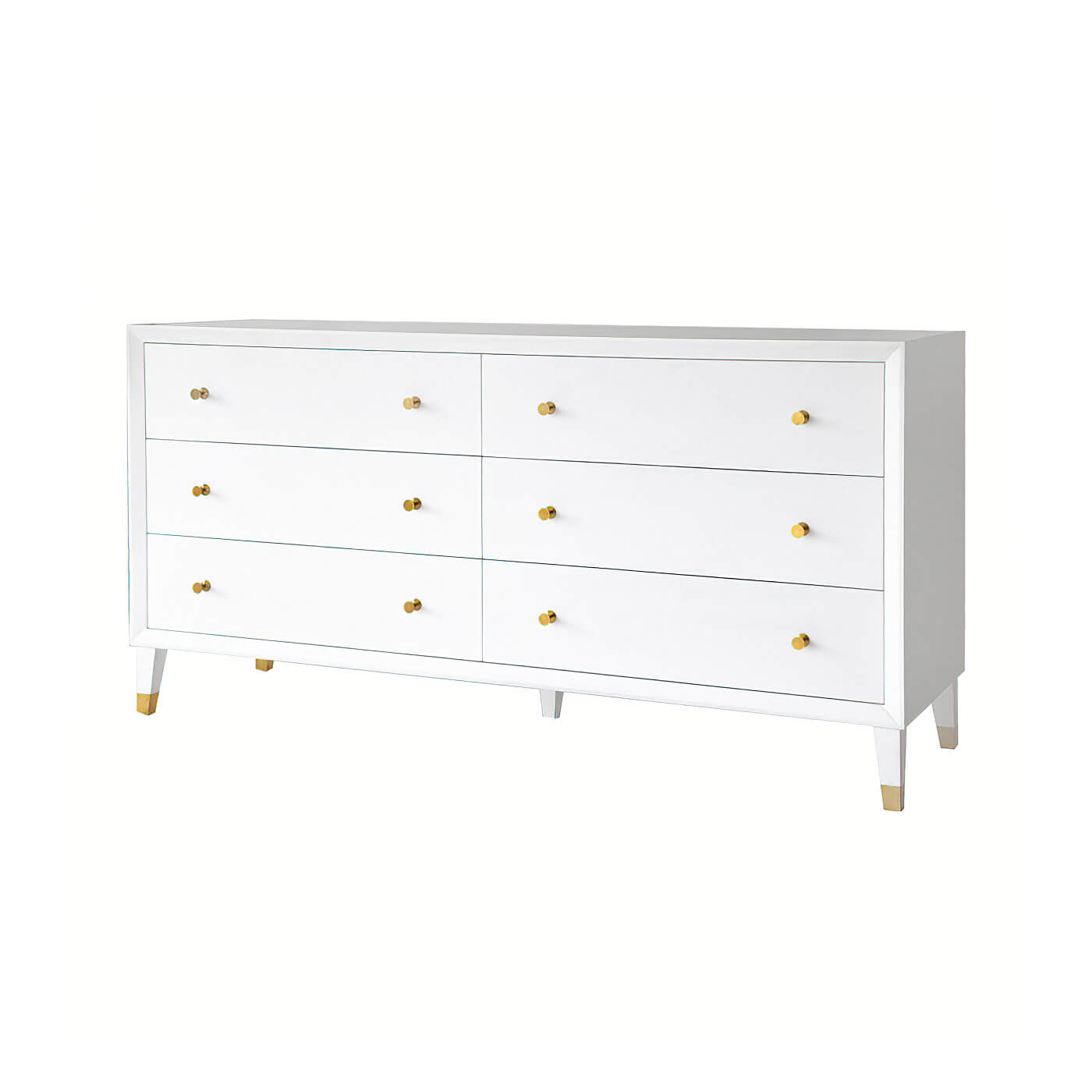 White dresser; six closed drawers, gold knobs, mid-century style.