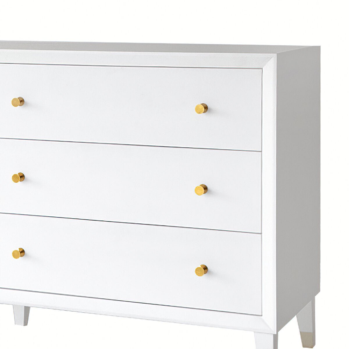 White dresser; top section with three drawers, gold knobs.