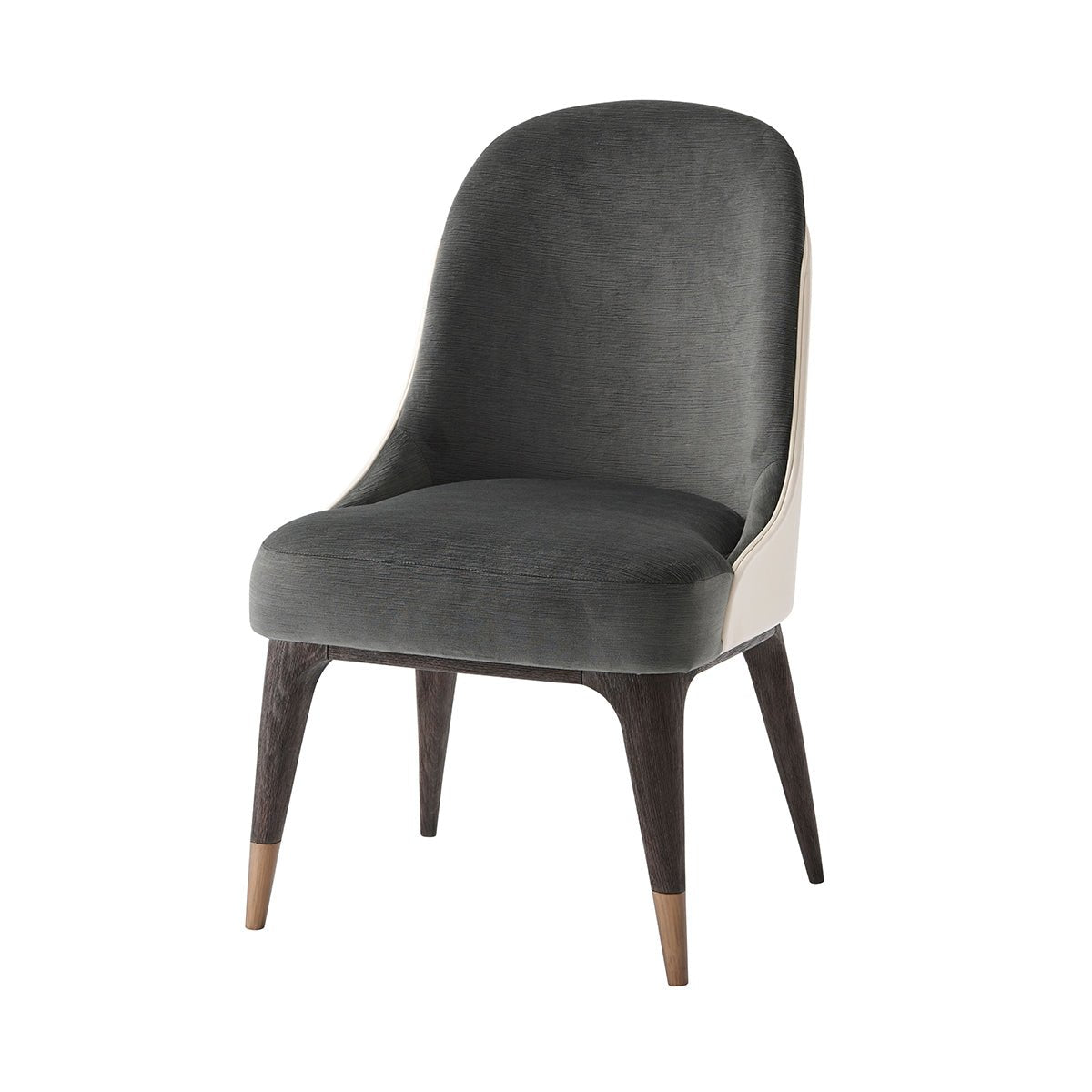 Mid-century upholstered dining chair, angled front view.