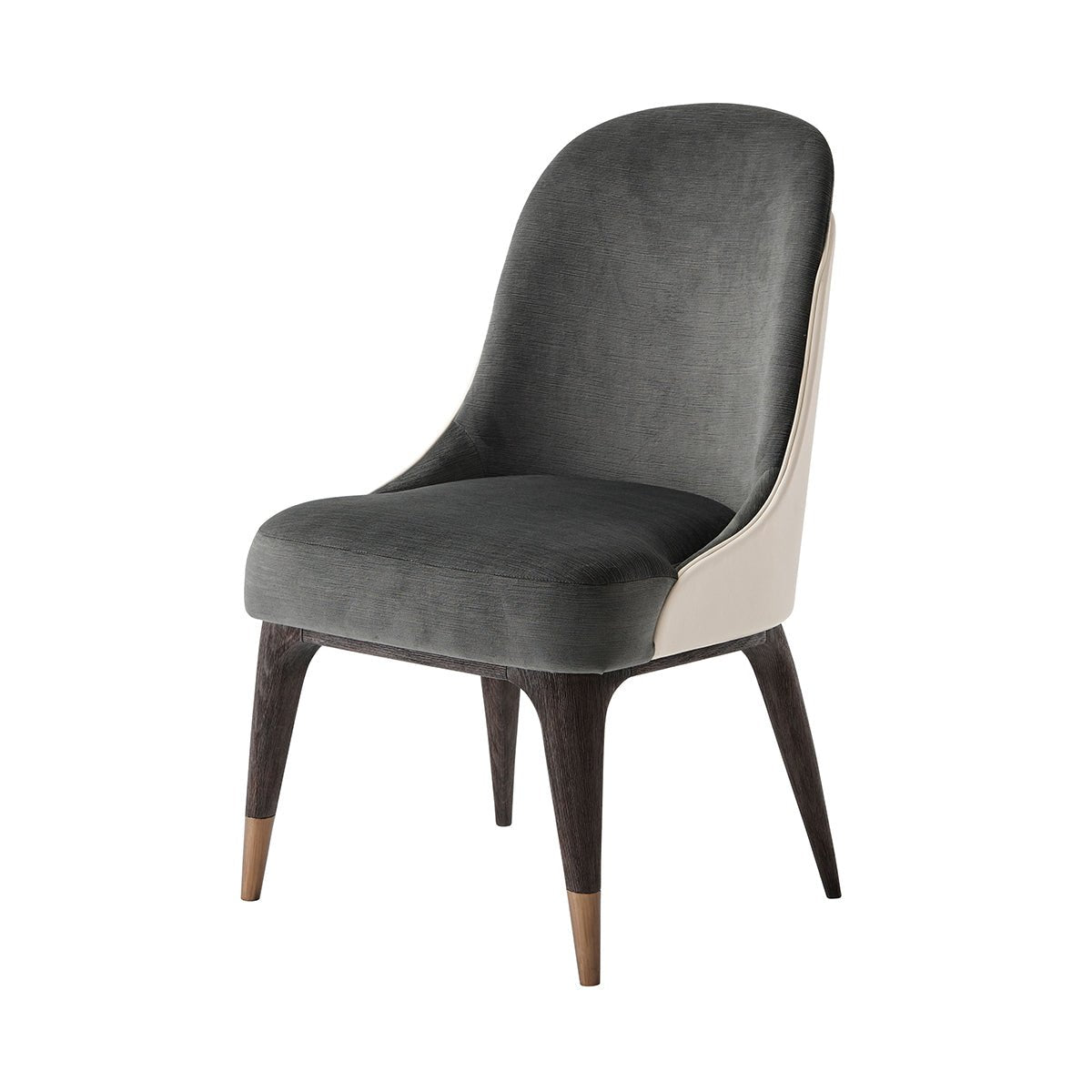Mid-century upholstered dining chair, angled side view.