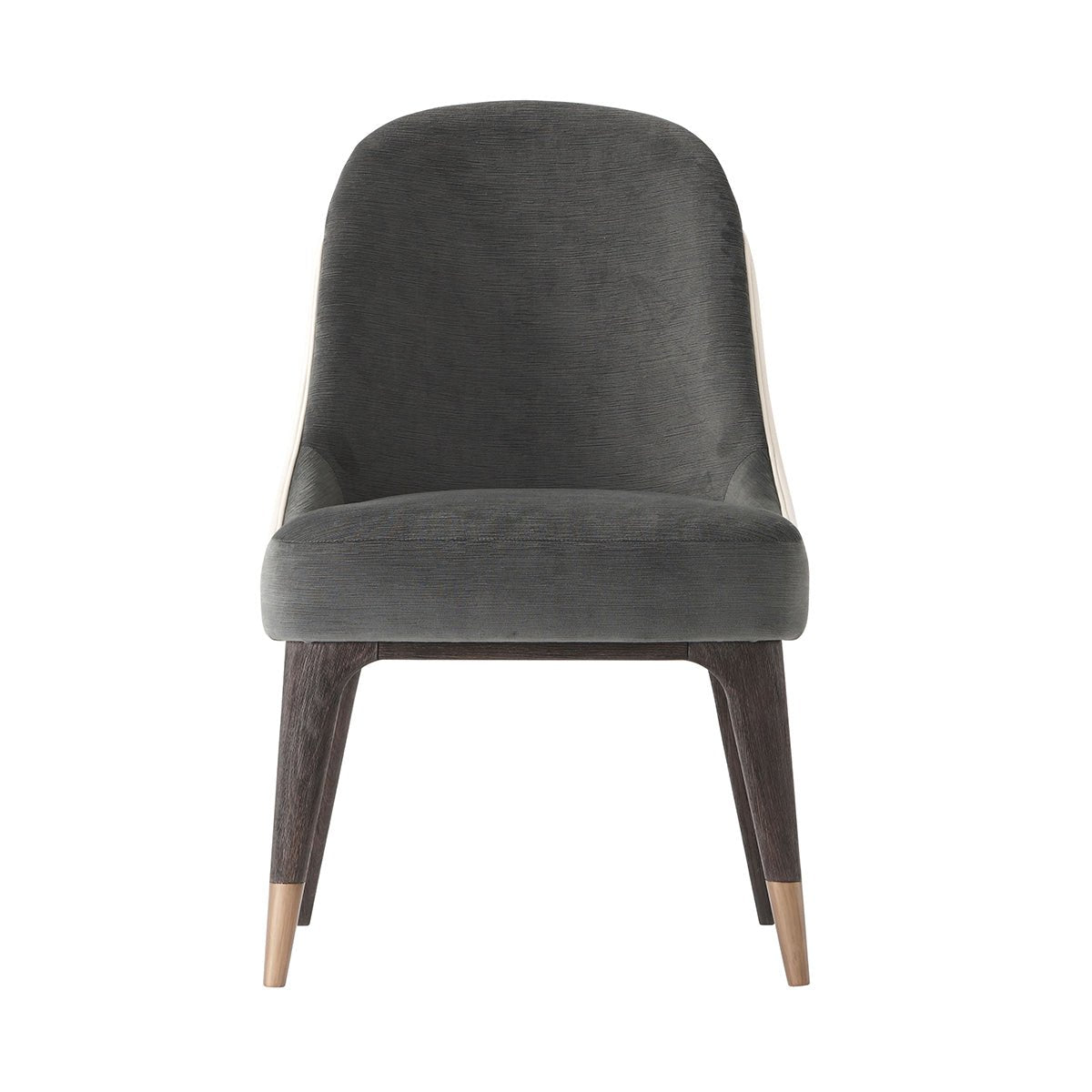 Mid-century upholstered dining chair, straight front view.