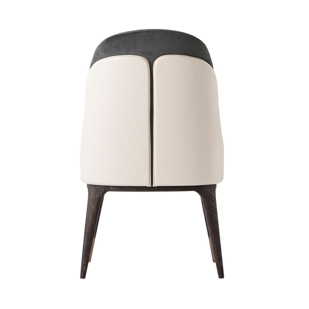 Mid-century upholstered dining chair, back view.