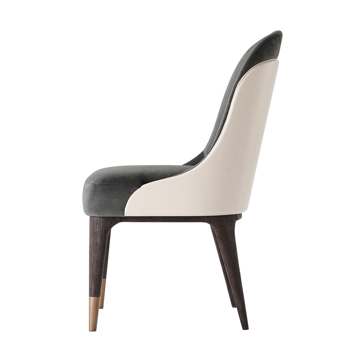 Mid-century upholstered dining chair, side profile.