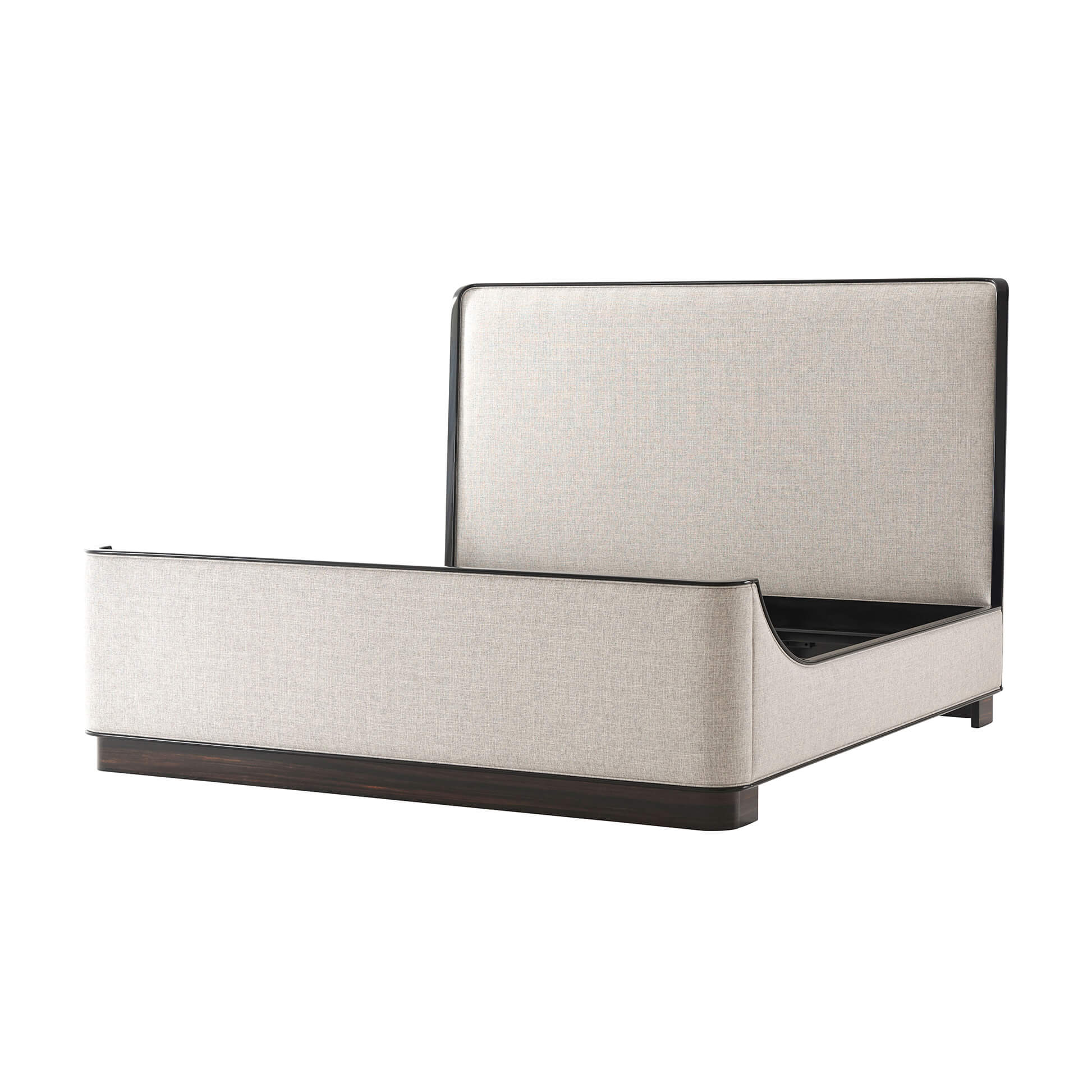 Empty beige king size bed frame side view.