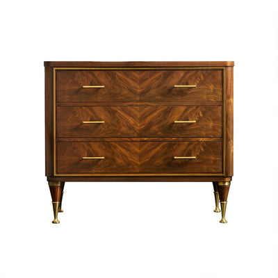 Walnut bedside chest with brass hardware, front view.