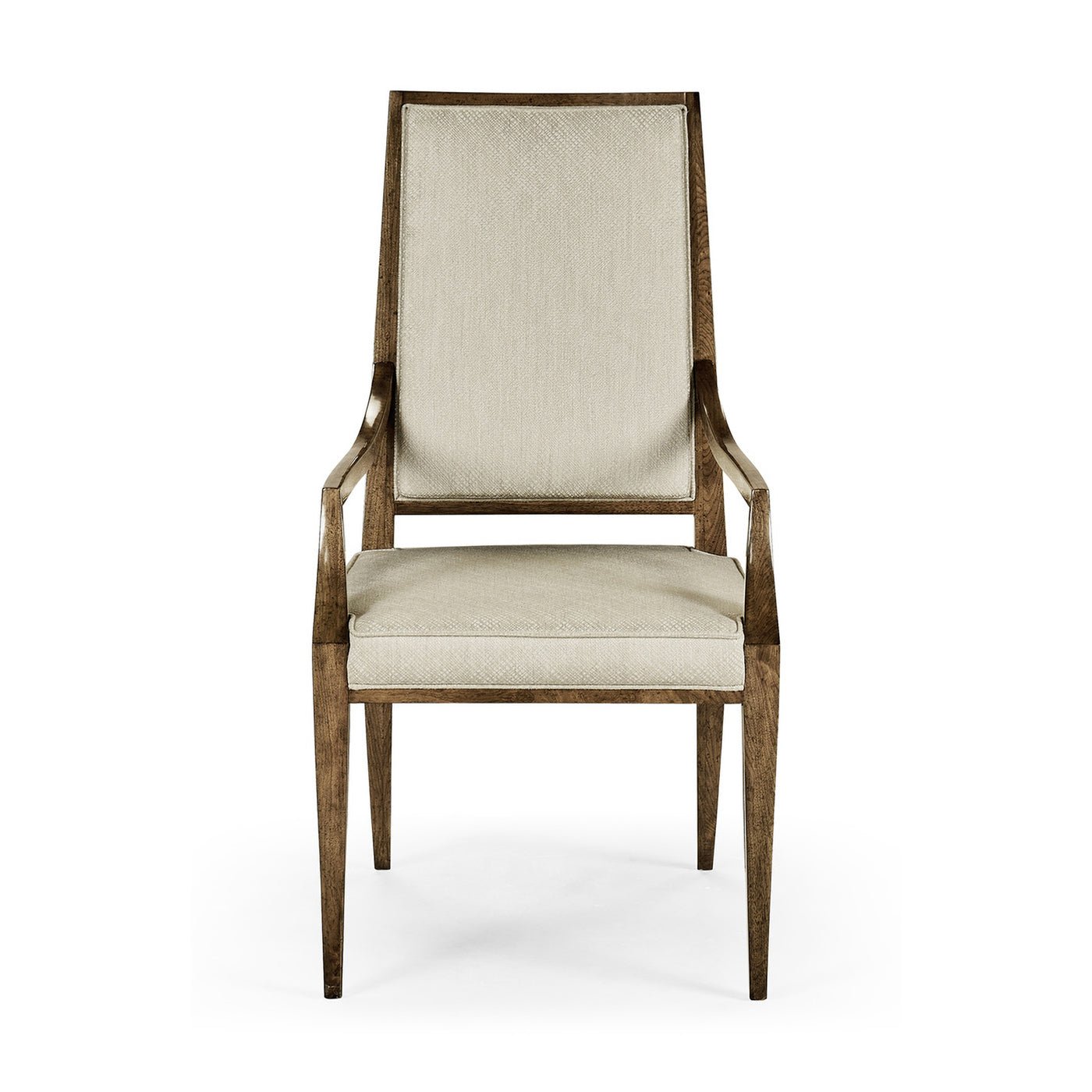 Front view of mid-century walnut dining armchair.